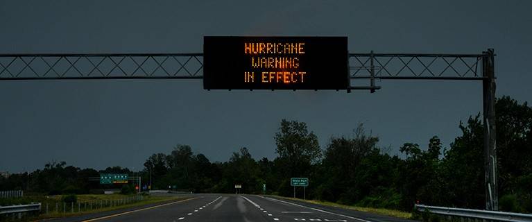 September 13, 2018 Interstate 40 Westbound, Eastern North Carolina. “Hurricane Warning in Effect” is cautioned to drivers leaving the coastal areas of North Carolina.

Photo by Daniel Cima/American Red Cross